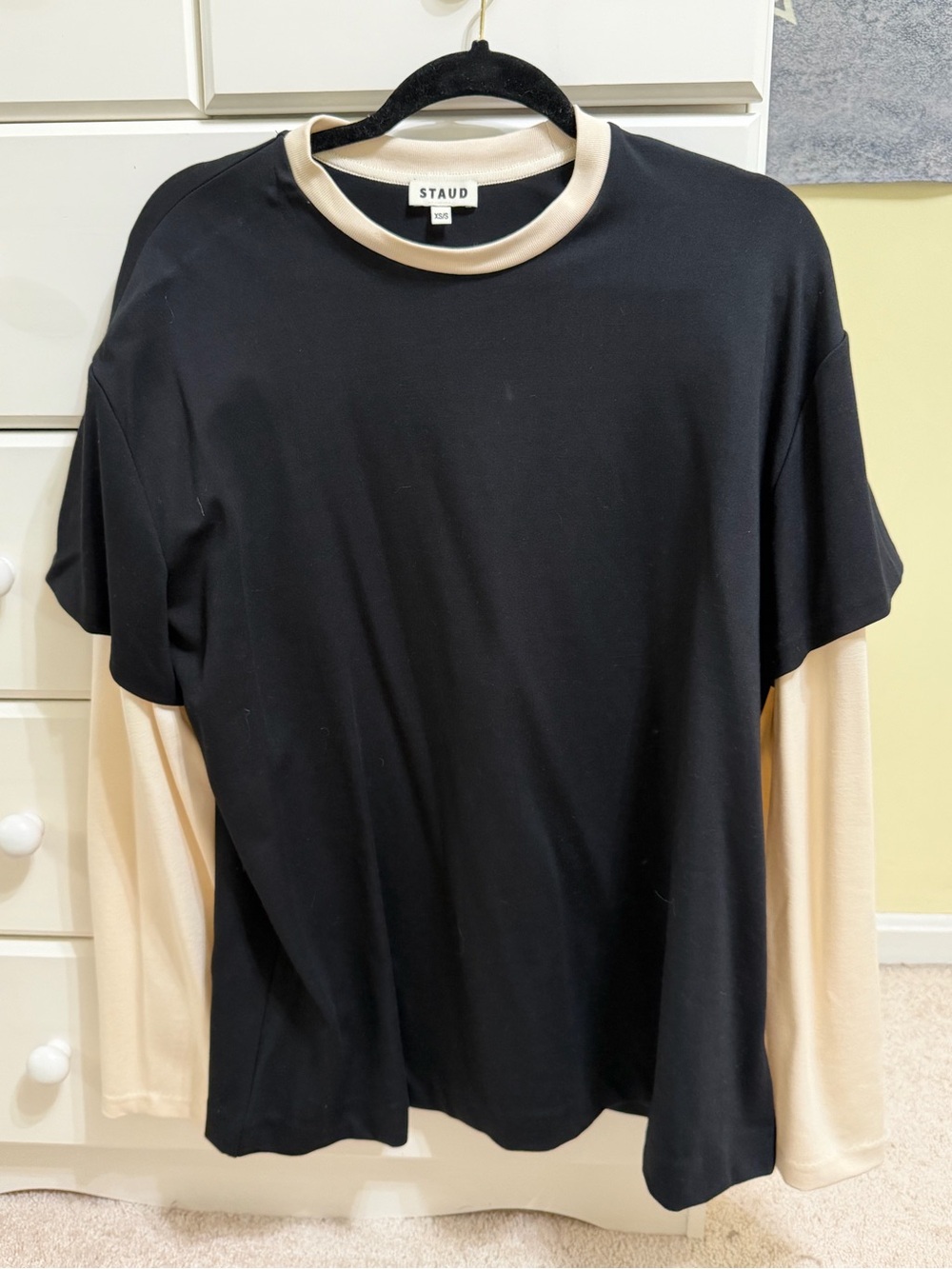 STAUD Black Top with Cream Contrast Sleeves and Neckline